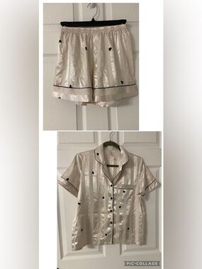 2PC. BRAW EASE Satin Stripe BLACK HEART Pajama Set